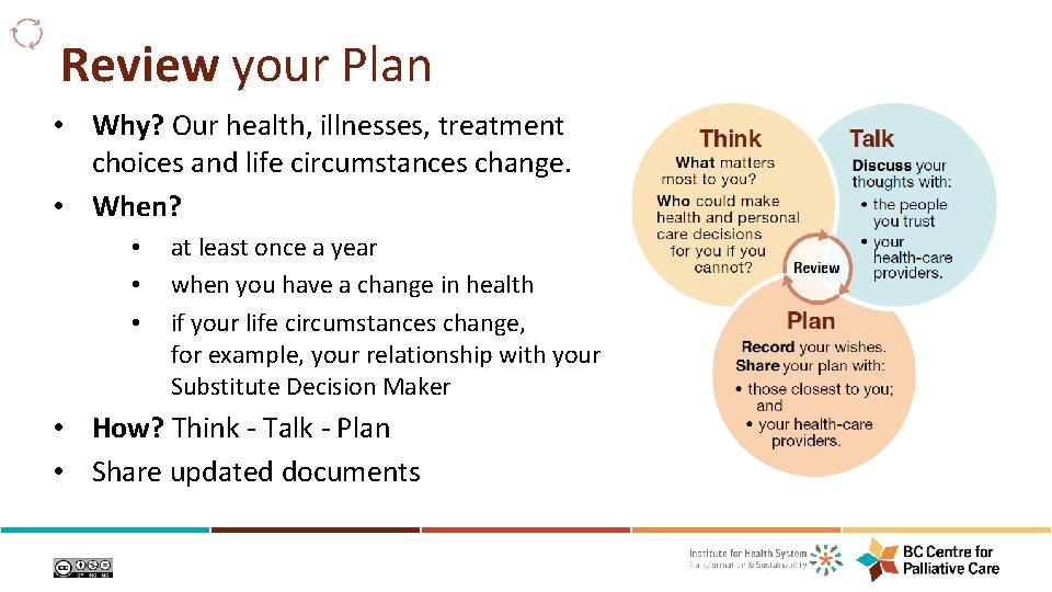 Review your Plan • Why? Our health, illnesses, treatment choices and life circumstances change.