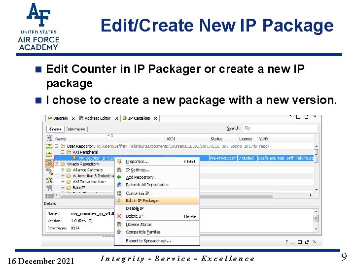 Edit/Create New IP Package Edit Counter in IP Packager or create a new IP