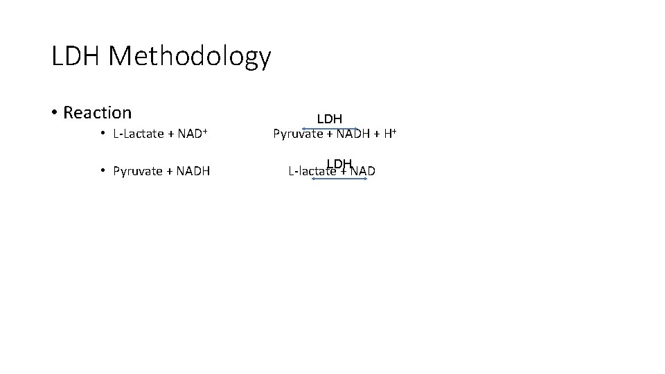 LDH Methodology • Reaction LDH • L-Lactate + NAD+ Pyruvate + NADH + H+