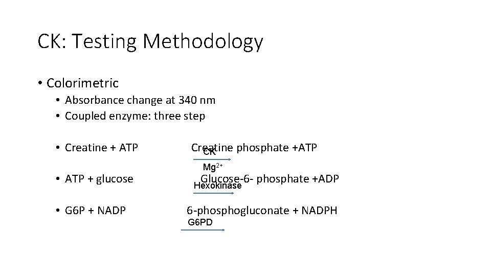 CK: Testing Methodology • Colorimetric • Absorbance change at 340 nm • Coupled enzyme: