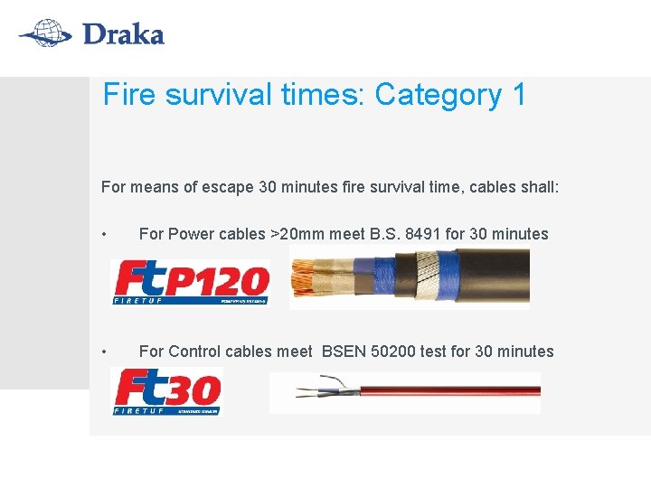 Fire survival times: Category 1 For means of escape 30 minutes fire survival time,