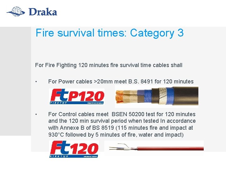 Fire survival times: Category 3 For Fire Fighting 120 minutes fire survival time cables