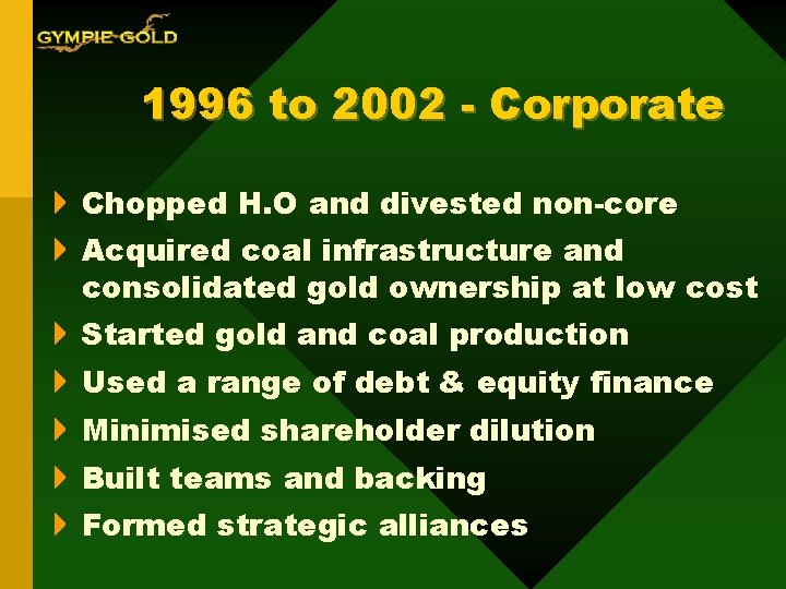 1996 to 2002 - Corporate 4 Chopped H. O and divested non-core 4 Acquired