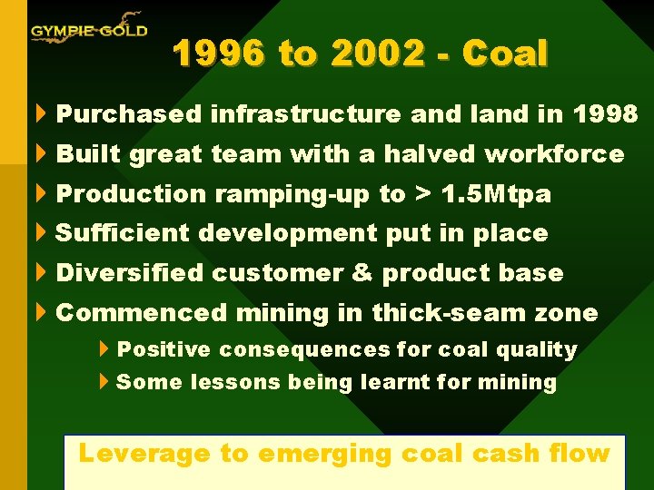 1996 to 2002 - Coal 4 Purchased infrastructure and land in 1998 4 Built