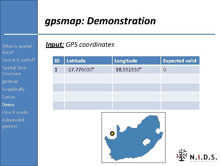 gpsmap: Demonstration What is spatial data? Input: GPS coordinates How is it useful? ID gpsmap: Demonstration What is spatial data? Input: GPS coordinates How is it useful? ID