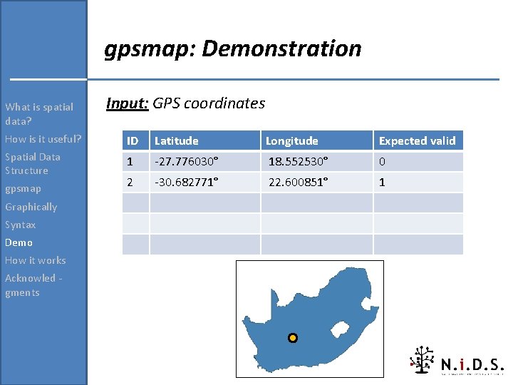 gpsmap: Demonstration What is spatial data? Input: GPS coordinates How is it useful? ID gpsmap: Demonstration What is spatial data? Input: GPS coordinates How is it useful? ID