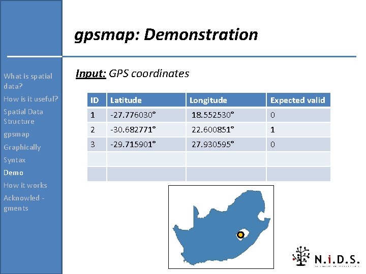 gpsmap: Demonstration What is spatial data? Input: GPS coordinates How is it useful? ID gpsmap: Demonstration What is spatial data? Input: GPS coordinates How is it useful? ID