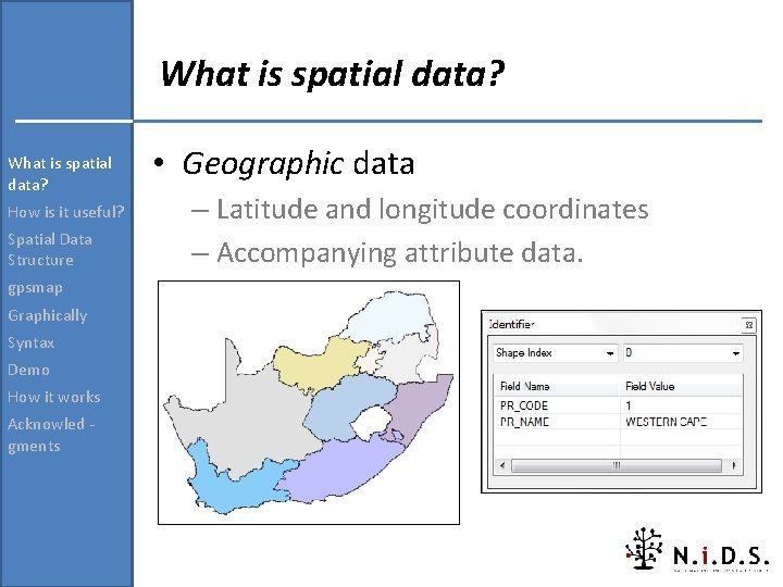 What is spatial data? How is it useful? Spatial Data Structure gpsmap Graphically Syntax What is spatial data? How is it useful? Spatial Data Structure gpsmap Graphically Syntax
