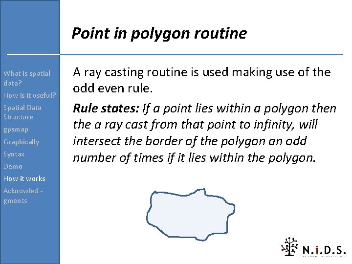 Point in polygon routine What is spatial data? How is it useful? Spatial Data Point in polygon routine What is spatial data? How is it useful? Spatial Data