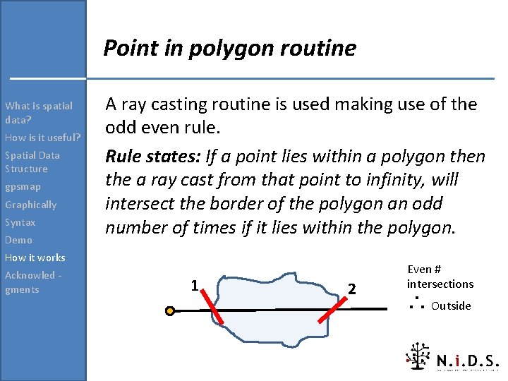 Point in polygon routine What is spatial data? How is it useful? Spatial Data Point in polygon routine What is spatial data? How is it useful? Spatial Data