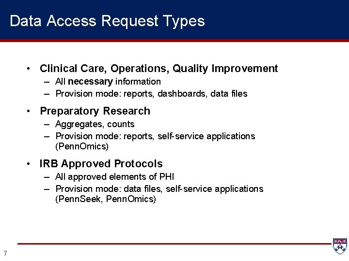 Data Access Request Types • Clinical Care, Operations, Quality Improvement – All necessary information