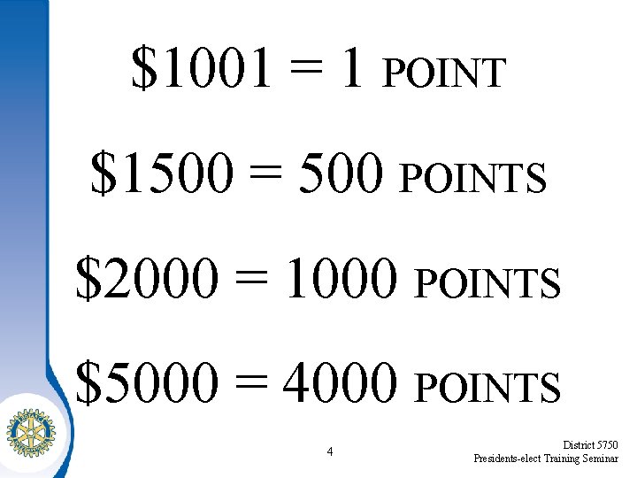 $1001 = 1 POINT $1500 = 500 POINTS $2000 = 1000 POINTS $5000 =