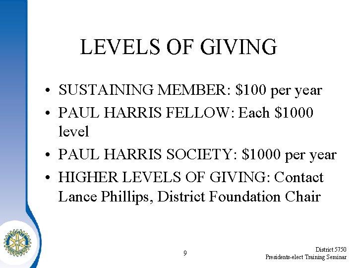 LEVELS OF GIVING • SUSTAINING MEMBER: $100 per year • PAUL HARRIS FELLOW: Each