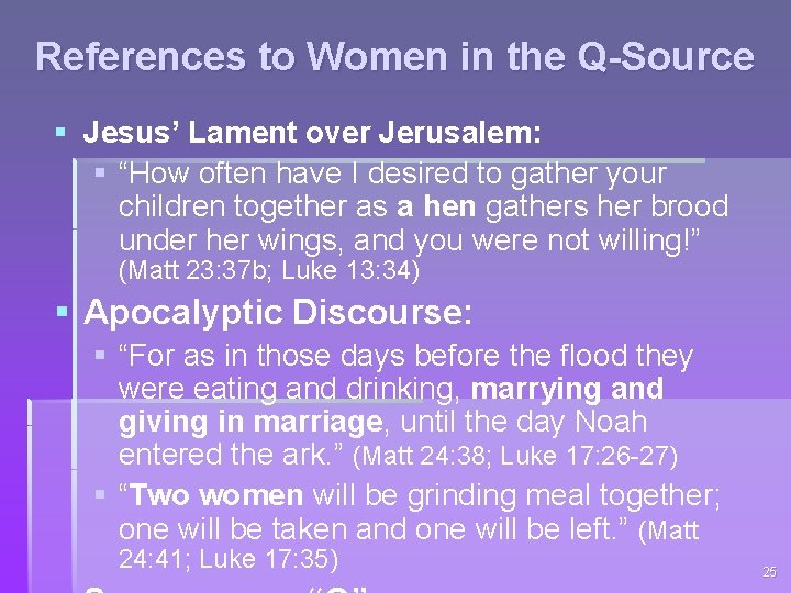 References to Women in the Q-Source § Jesus’ Lament over Jerusalem: § “How often