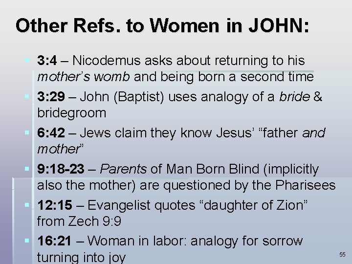 Other Refs. to Women in JOHN: § 3: 4 – Nicodemus asks about returning