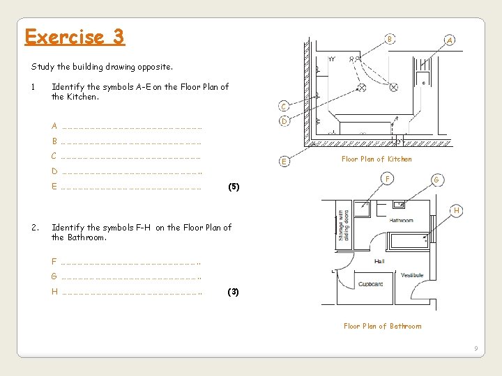 Exercise 3 B A Study the building drawing opposite. 1 Identify the symbols A-E