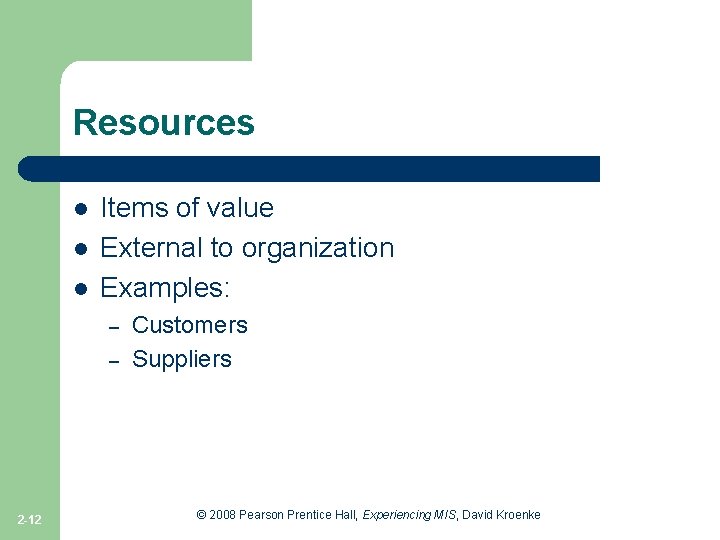 Resources l l l Items of value External to organization Examples: – – 2