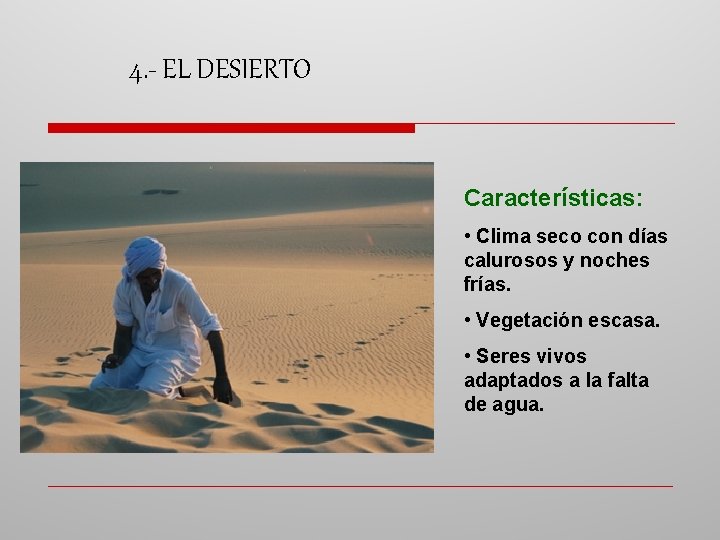 4. - EL DESIERTO Características: • Clima seco con días calurosos y noches frías.