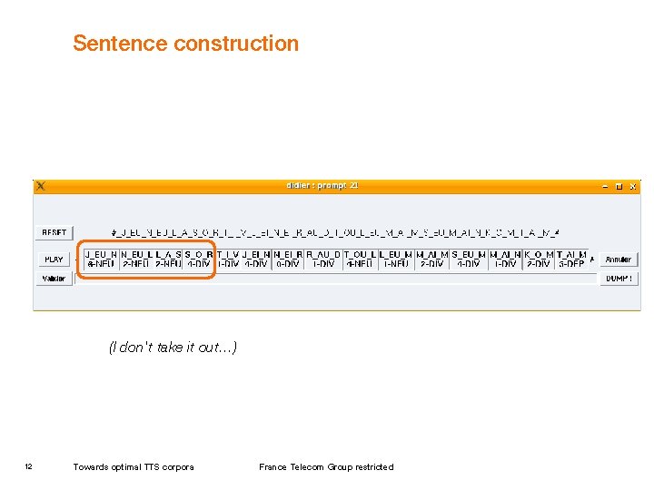 Sentence construction (I don't take it out…) 12 Towards optimal TTS corpora France Telecom