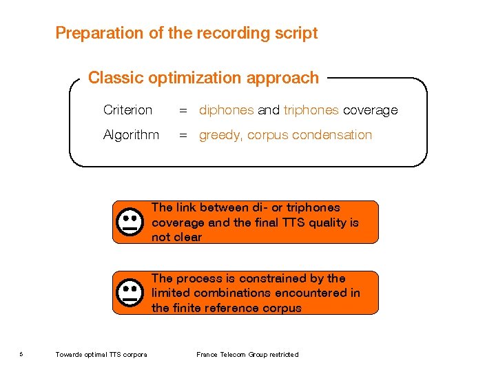 Preparation of the recording script Classic optimization approach Criterion = diphones and triphones coverage