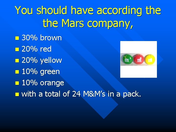 You should have according the Mars company, 30% brown n 20% red n 20%
