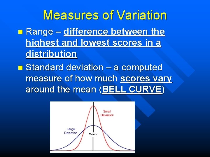 Measures of Variation Range – difference between the highest and lowest scores in a