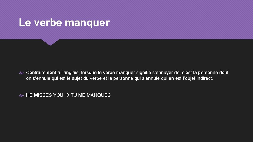 Le verbe manquer Contrairement à l’anglais, lorsque le verbe manquer signifie s’ennuyer de, c’est