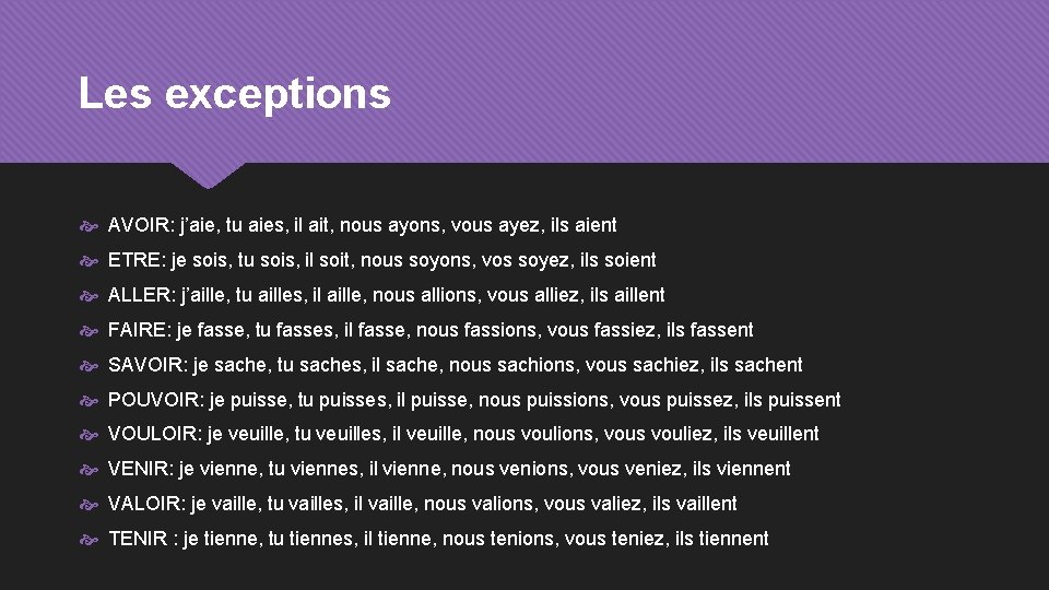 Les exceptions AVOIR: j’aie, tu aies, il ait, nous ayons, vous ayez, ils aient