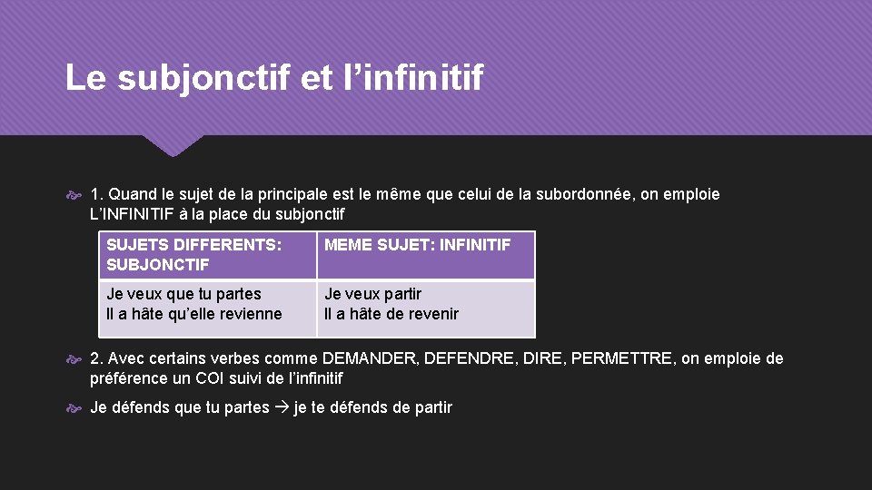 Le subjonctif et l’infinitif 1. Quand le sujet de la principale est le même