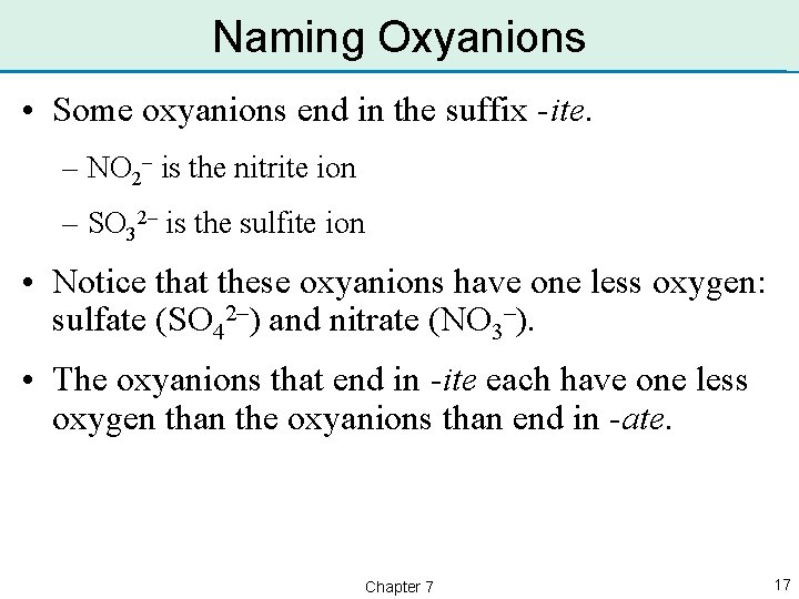 Naming Oxyanions • Some oxyanions end in the suffix -ite. – NO 2– is