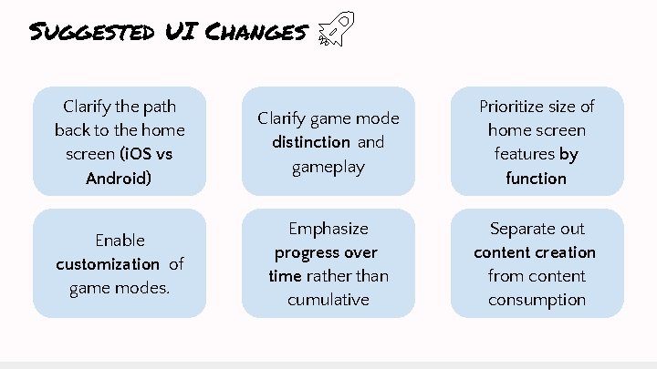 Suggested UI Changes Clarify the path back to the home screen (i. OS vs