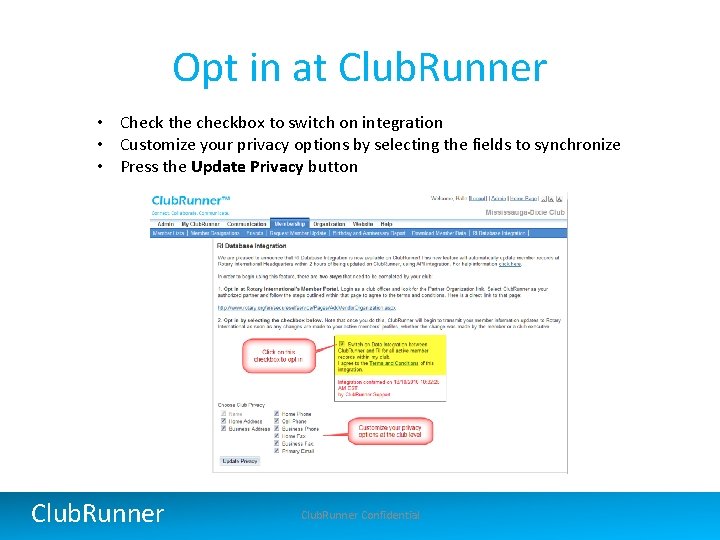 Opt in at Club. Runner • Check the checkbox to switch on integration •