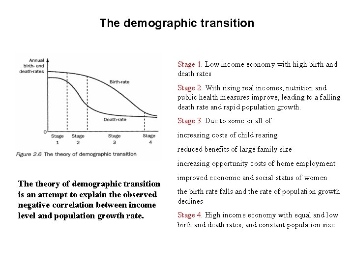 The demographic transition Stage 1. Low income economy with high birth and death rates