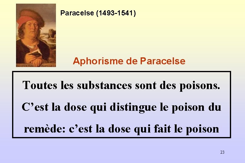 Paracelse (1493 -1541) Aphorisme de Paracelse Toutes les substances sont des poisons. C’est la
