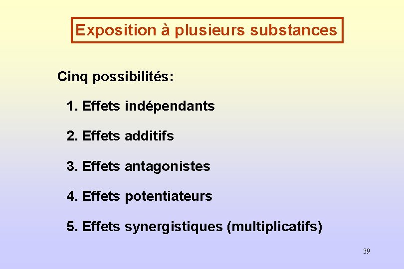 Exposition à plusieurs substances Cinq possibilités: 1. Effets indépendants 2. Effets additifs 3. Effets