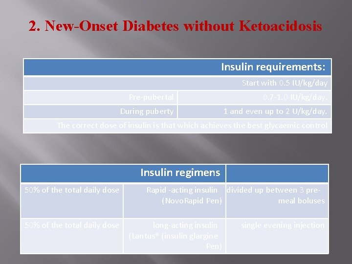 2. New-Onset Diabetes without Ketoacidosis Insulin requirements: Start with 0. 5 IU/kg/day Pre-pubertal 0.