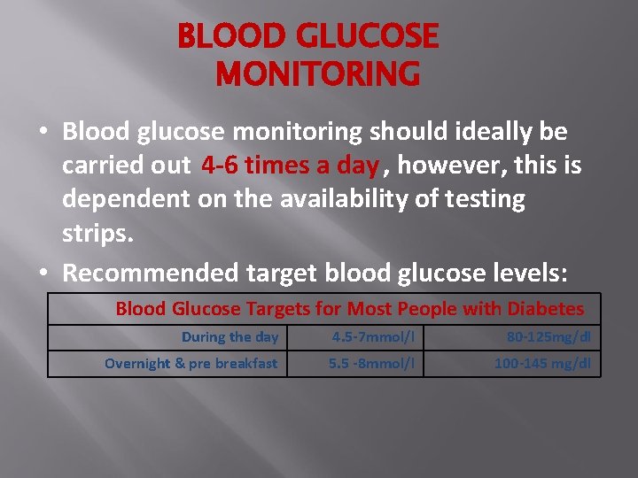 BLOOD GLUCOSE MONITORING • Blood glucose monitoring should ideally be carried out 4 -6