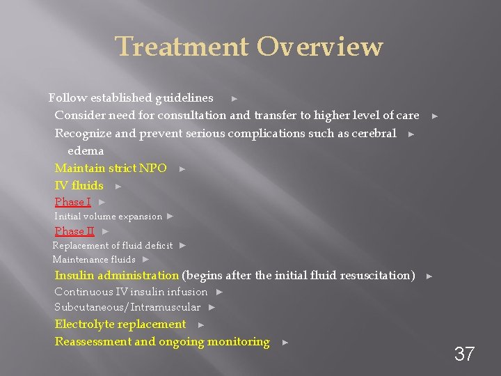 Treatment Overview Follow established guidelines ► Consider need for consultation and transfer to higher