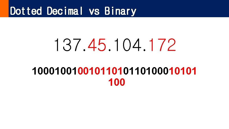 Dotted Decimal vs Binary 137. 45. 104. 172 100010010010110100010101 100 