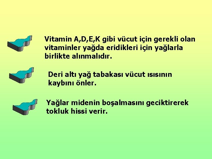Vitamin A, D, E, K gibi vücut için gerekli olan vitaminler yağda eridikleri için