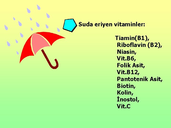 Suda eriyen vitaminler: Tiamin(B 1), Riboflavin (B 2), Niasin, Vit. B 6, Folik Asit,