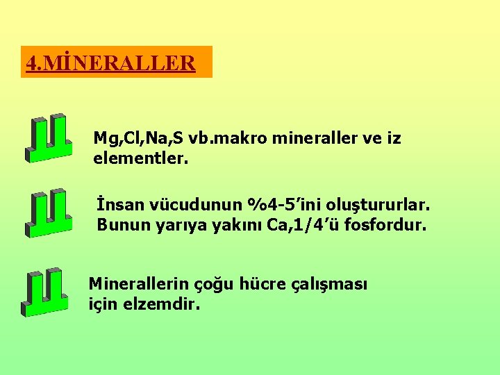 4. MİNERALLER Mg, Cl, Na, S vb. makro mineraller ve iz elementler. İnsan vücudunun