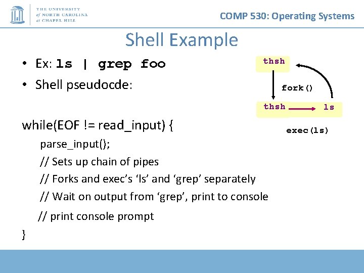 COMP 530: Operating Systems Shell Example • Ex: ls | grep foo • Shell