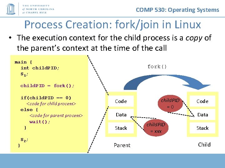 COMP 530: Operating Systems Process Creation: fork/join in Linux • The execution context for
