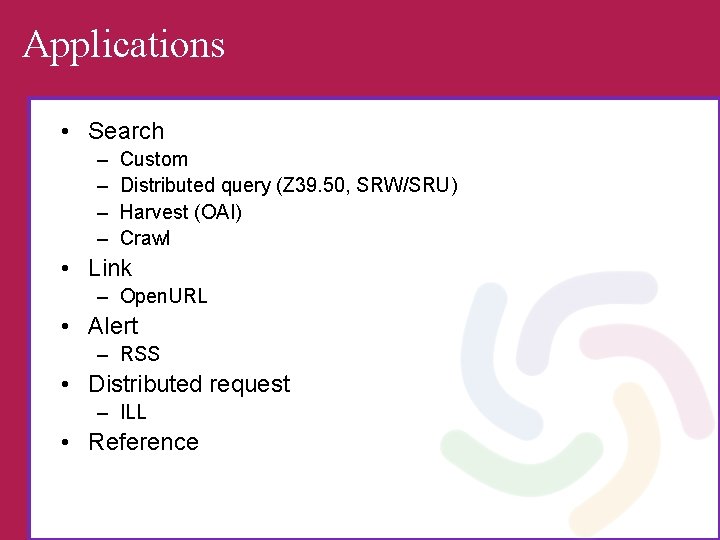 Applications • Search – – Custom Distributed query (Z 39. 50, SRW/SRU) Harvest (OAI)