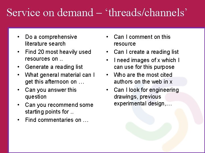 Service on demand – ‘threads/channels’ • Do a comprehensive literature search • Find 20
