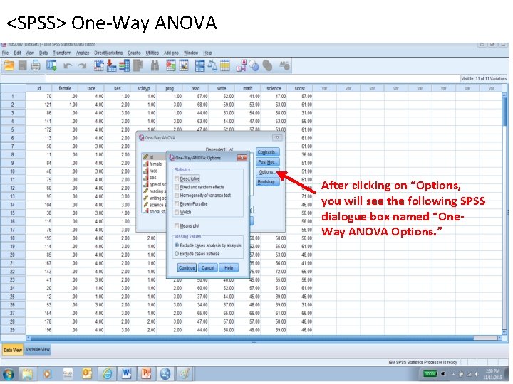 <SPSS> One-Way ANOVA After clicking on “Options, you will see the following SPSS dialogue