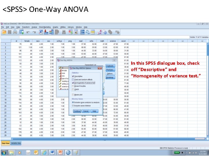 <SPSS> One-Way ANOVA In this SPSS dialogue box, check off “Descriptive” and “Homogeneity of