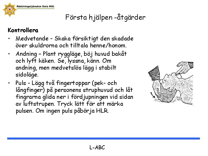 Första hjälpen -åtgärder Kontrollera • Medvetande - Skaka försiktigt den skadade över skuldrorna och