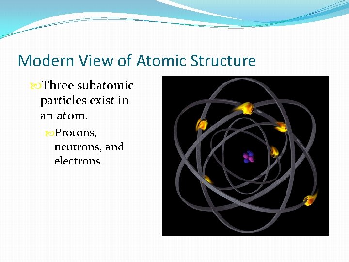 Modern View of Atomic Structure Three subatomic particles exist in an atom. Protons, neutrons,